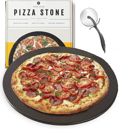 Heritage Pizza Stone, 15 Inch Ceramic Baking Stones for Oven Use - Non-Stick, No Stain Pan & Cutter Set for Gas, BBQ & Grill - Kitchen Accessories & Housewarming Gifts W/ Bonus Pizza Wheel - Black