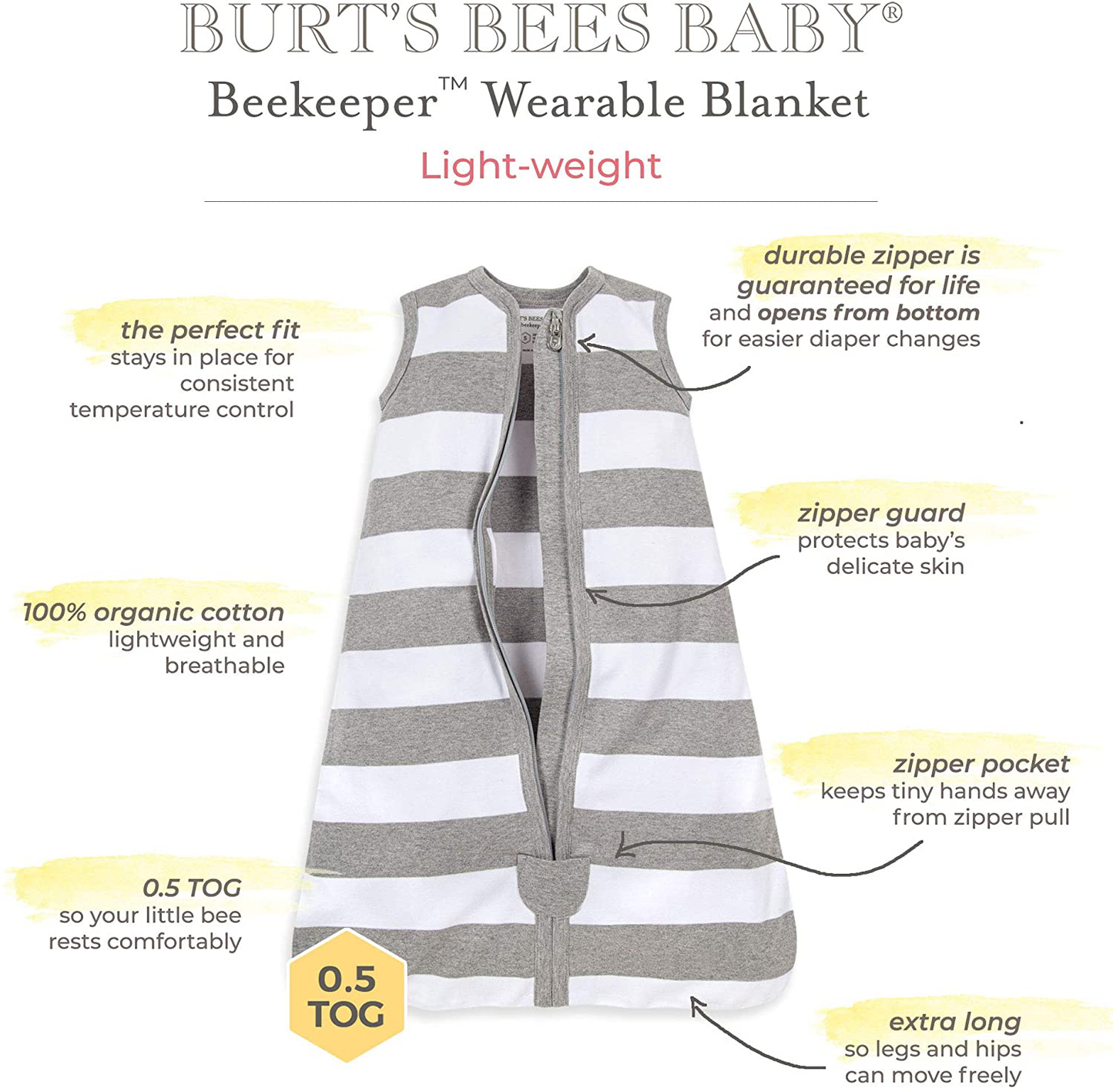 Burt's Bees Baby Unisex-Baby Beekeeper Wearable Blanket, 100% Organic Cotton, Swaddle Transition Sleeping Bag