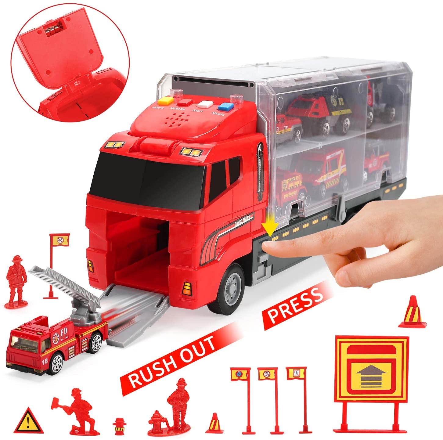 28 in 1 Fire Trucks with Sound and Light, Friction Powered Cars with 10 Mini Firetrucks, Rescue Emergency Double Side Carrier Truck Set Birthday Gift for Boys, Girls, Toddlers Kids Age 3+