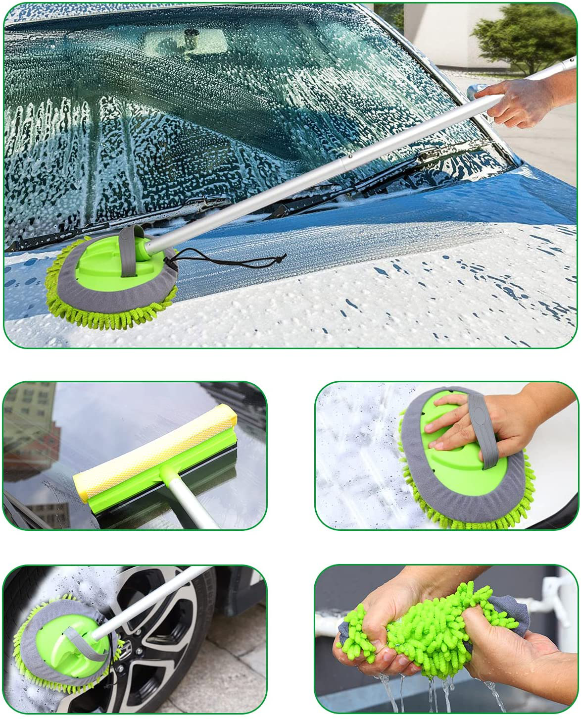 Car Wash Brush with Long Handle, Car Wash Mop with 45" Aluminum Alloy Long Handle,2 Chenille Microfiber Car Wash Brush Head,2 in 1 Car Drying Squeegee Sponge, 3 Mop Pole,3 in 1 Car Cleaning Tools