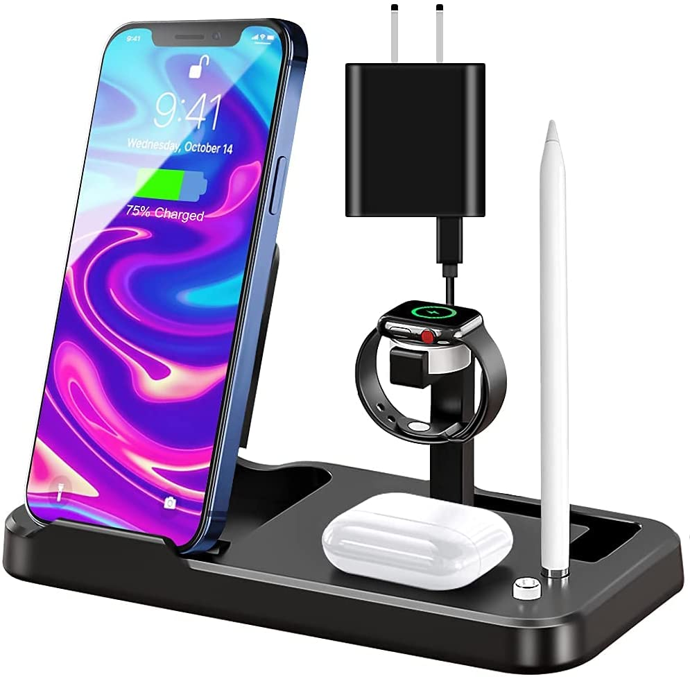 Wireless Charger 4 in 1, Fast Dock Charging Station for Iwatch Series SE/6/5/4/3/2/1, Airpods Pro and Pencil, Iphone 13/12/11/ Pro Max/Xr/Xs Max/X(Qc 3.0 Adapter Included)