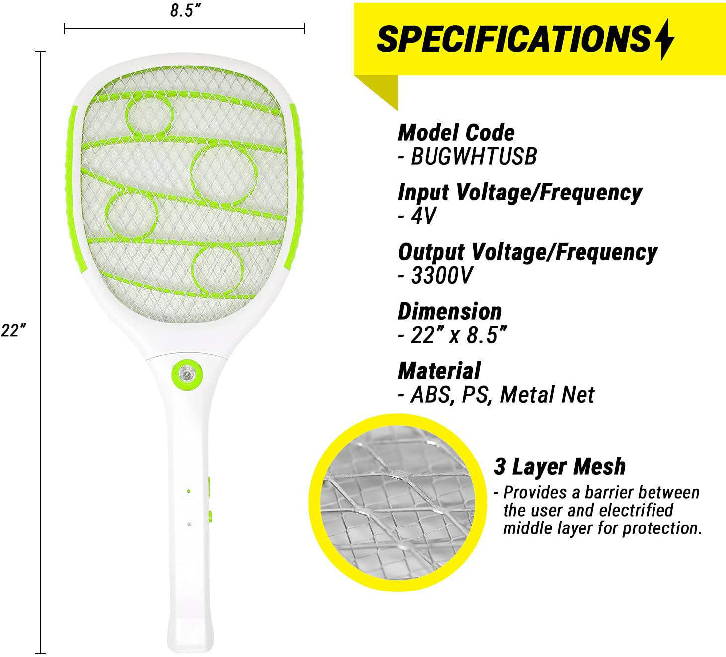 2PK of USB Rechargeable Electric Bug Zapper 3300V, Mosquito Killer Racket, Rechargeable Battery Powered Fly Swatter with LED Light for Flys, Bees, Mosquitoes and More (Green)