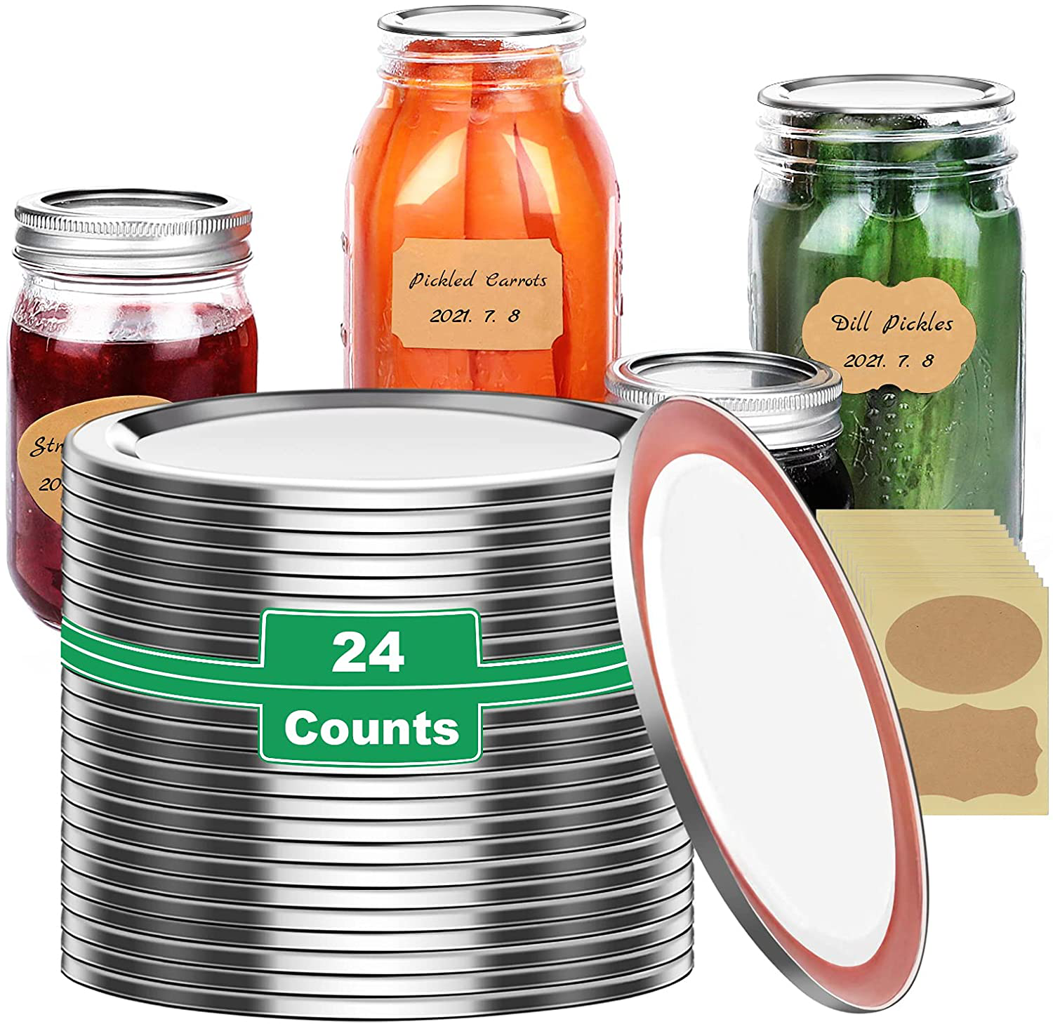 Canning Lids Regular, 24-Count bulk Ball Canning Jar Lids for Ball Kerr Regular Small Mouth Mason Jars - Split-Type Metal Mason Jar Lids for Canning - Food Grade Material (70mm, Silver, 24pcs label )