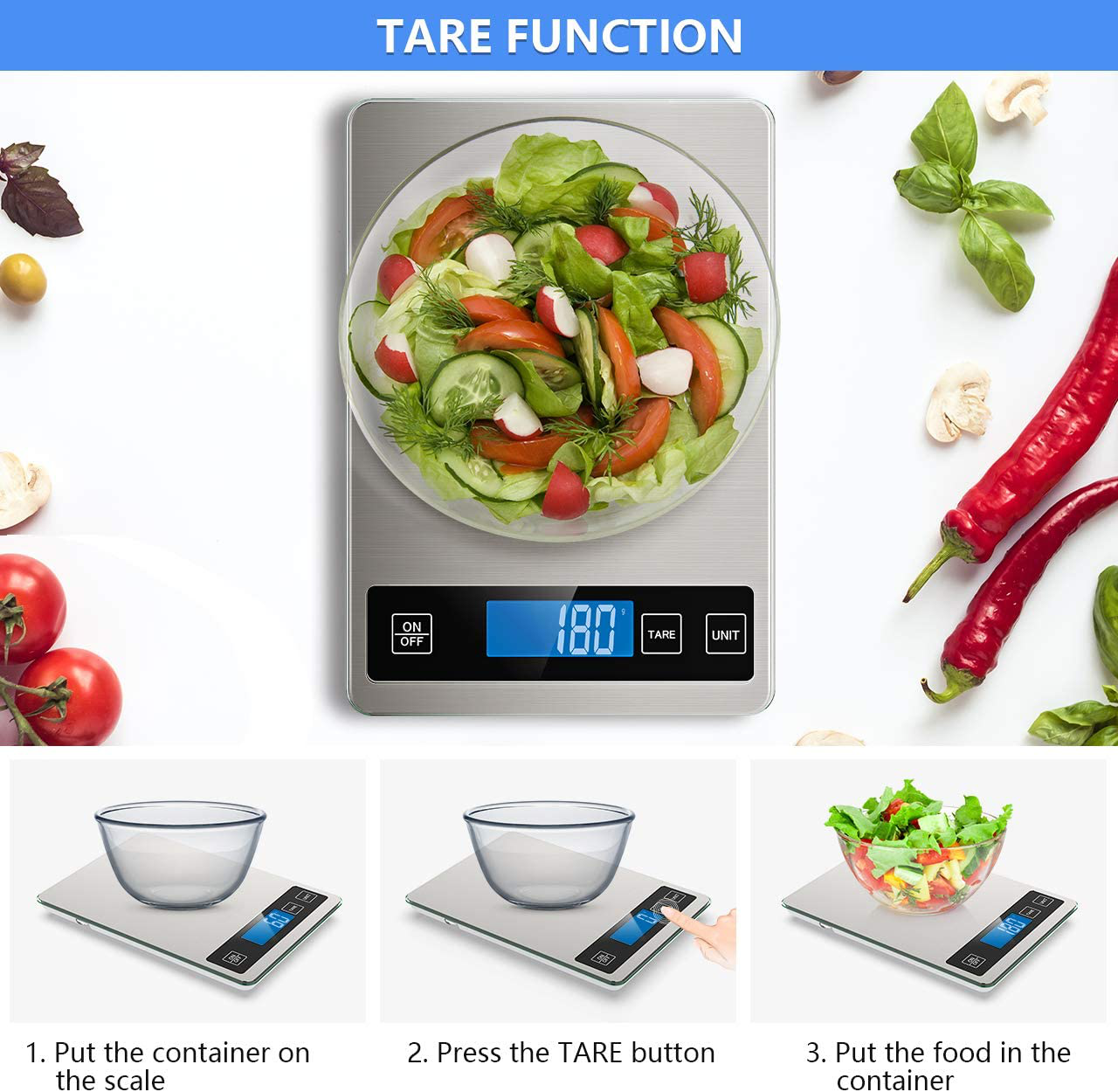 Nicewell Food Scale, 22lb Digital Kitchen Scale Weight Grams and oz for Cooking Baking, 1g/0.1oz Precise Graduation, Stainless Steel and Tempered Glass