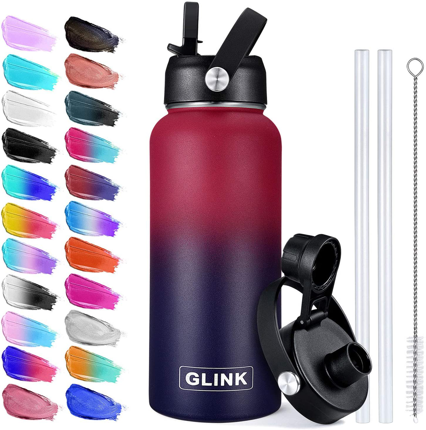 Glink Stainless Steel Water Bottle with Straw, 32-40 oz Wide Mouth Double Wall Vacuum Insulated Water Bottle Leakproof, Straw Lid and Spout Lid with New Rotating Rubber Handle