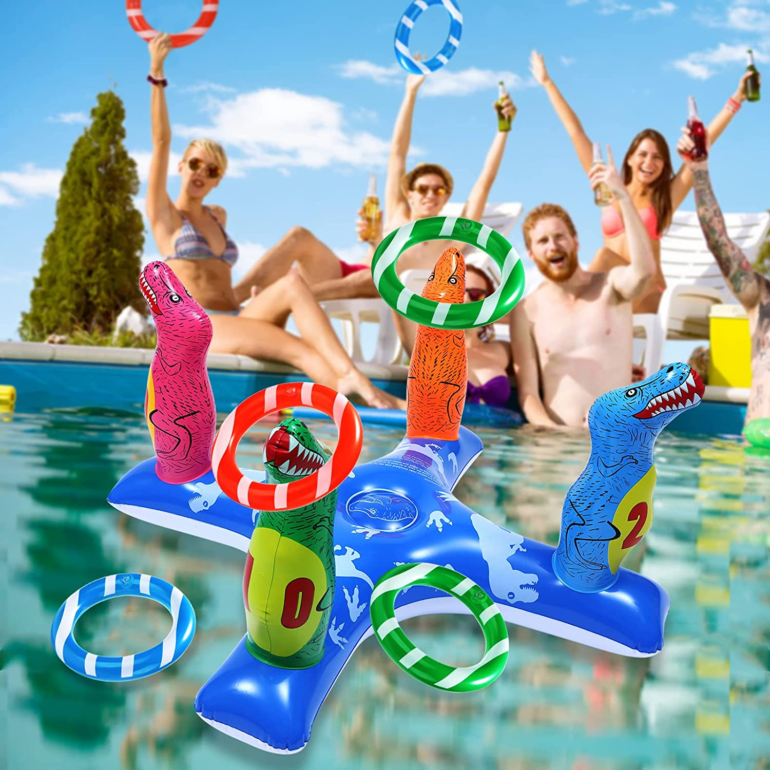 Inflatable Pool Ring Toss Games, Flamingo Pool Games Shark Pool Toys with 6Pcs Rings, Pool Ring Toss Games for Kids and Adults