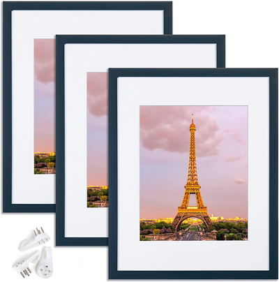 upsimples 11x14 Picture Frame Set of 3,Made of High Definition Glass for 8x10 with Mat or 11x14 Without Mat,Wall Mounting Photo Frame Navy Blue