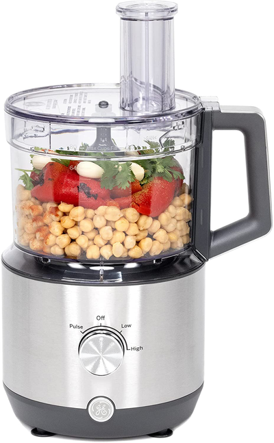 GE Food Processor | 12 Cup | Complete with 3 Feeding Tubes, Stainless Steel Mixing Blade & Shredding Disc | 3 Speed | Great for Shredded Cheese, Chicken & More | Kitchen Essentials | 550 Watts