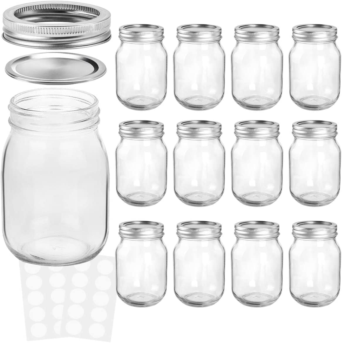 KAMOTA Mason Jars 12 oz With Regular Lids and Bands, Ideal for Jam, Honey, Wedding Favors, Shower Favors, Baby Foods, DIY Magnetic Spice Jars, 12 PACK, 20 Whiteboard Labels Included