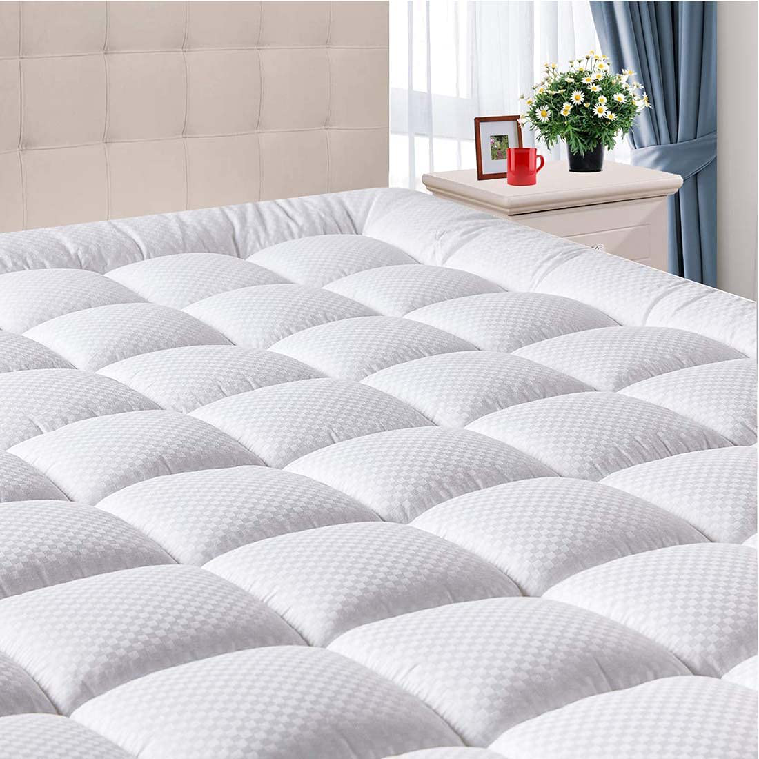 DOMICARE Full Size Mattress Pad Cover Quilted Fitted Mattress Protector with Deep Pocket (8-21Inch), Cooling Cotton Mattress Topper Pillow Top-White