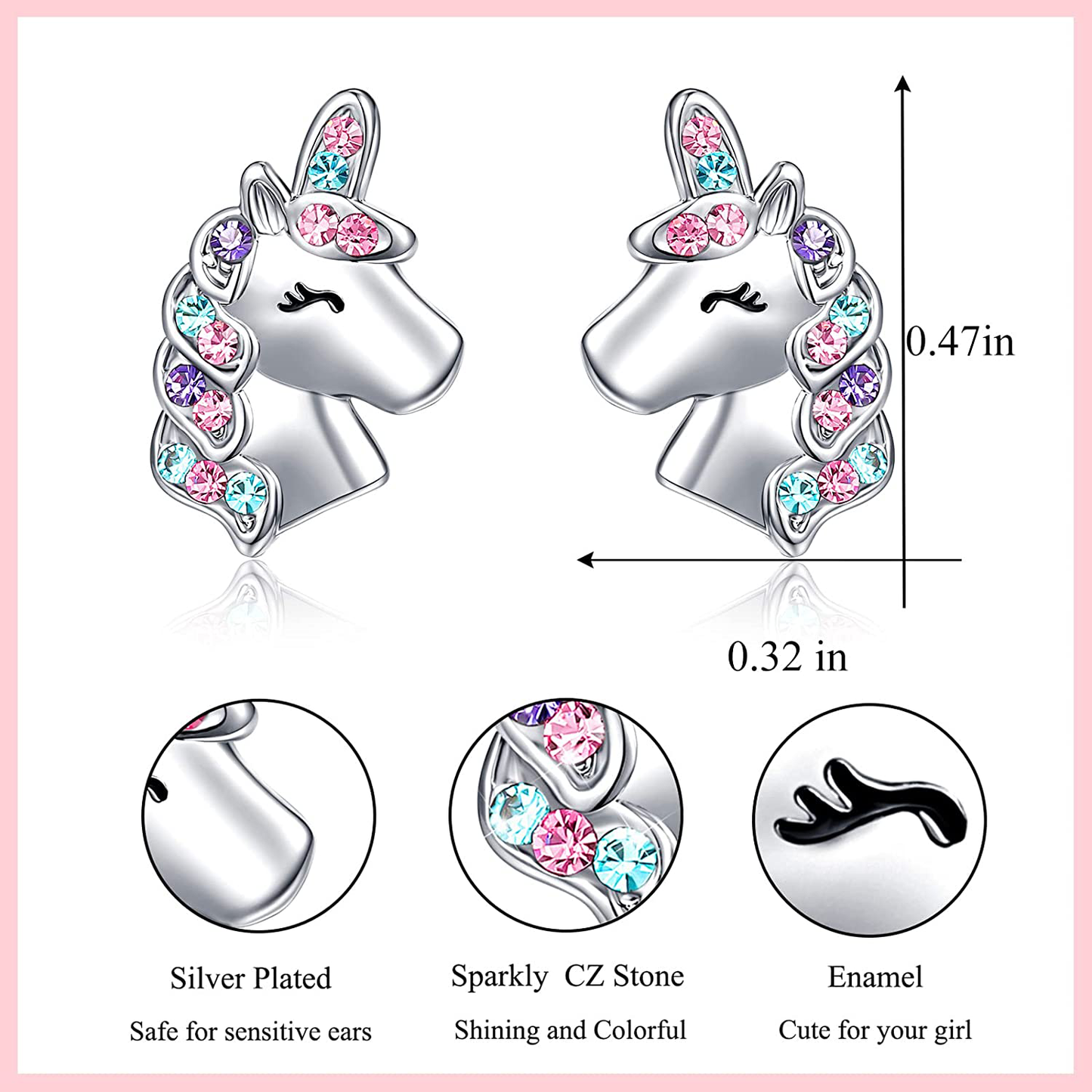 UNGENT THEM Silver Unicorn Stud Earrings for Little Girls Hypoallergenic CZ Unicorn Lovely Gifts for Daughter Birthday Party