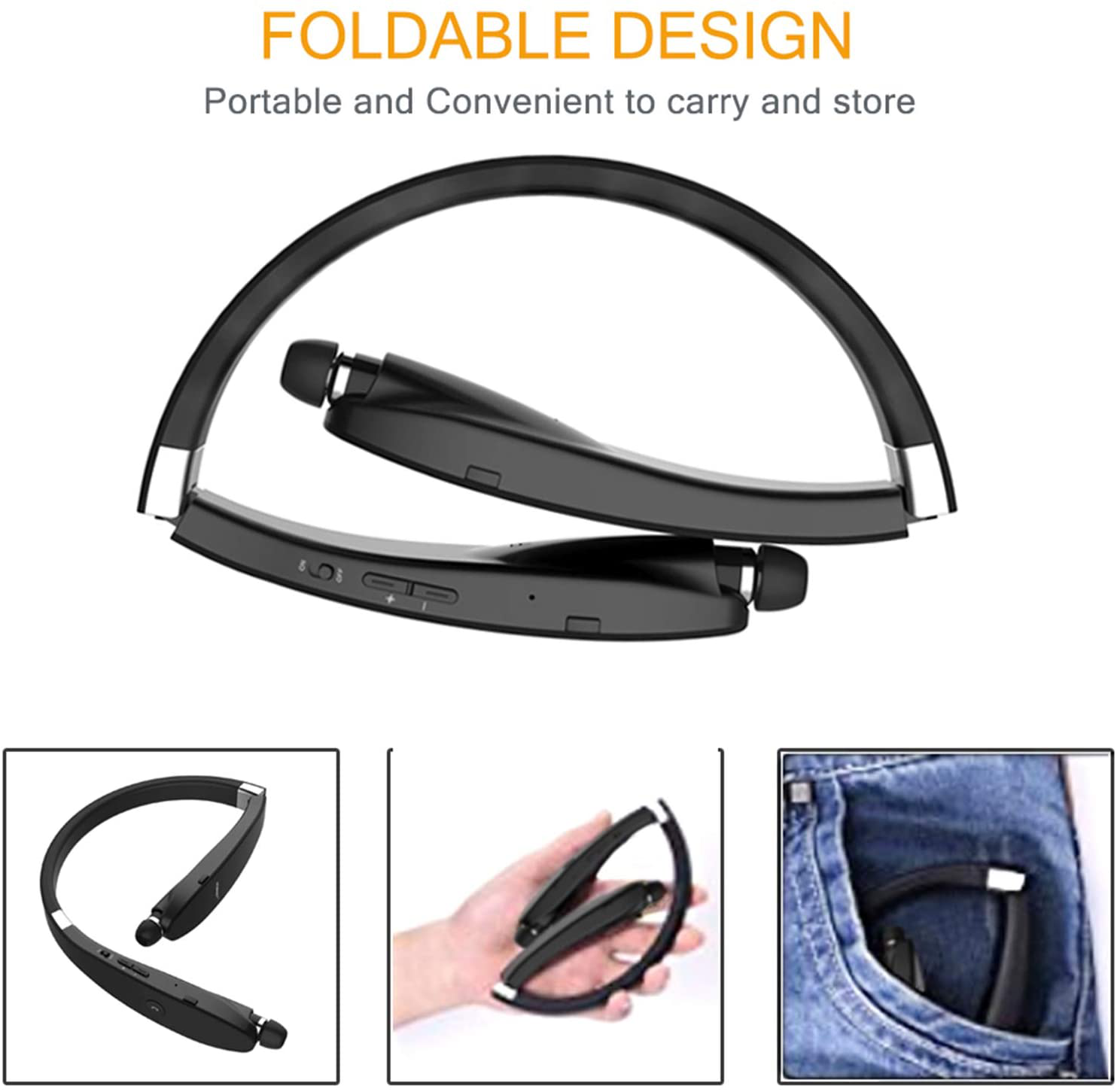 Foldable Bluetooth Headset, Beartwo Lightweight Retractable Bluetooth Headphones for Sports&Exercise, Noise Cancelling Stereo Neckband Wireless Headset (With Carry Case)