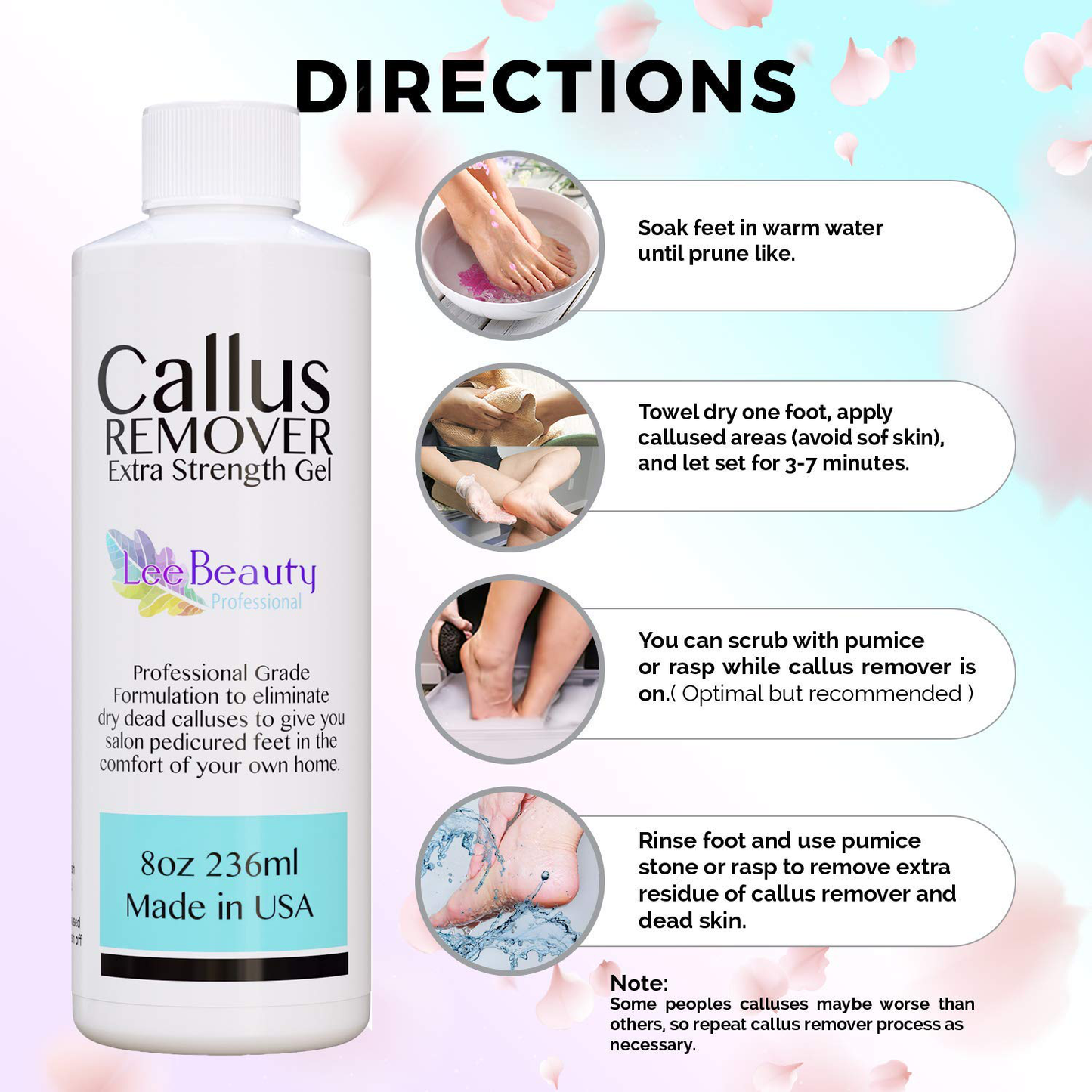 8oz Callus Remover gel for feet for a professional pedicure. Better results than, foot file, pumice stone, foot scrubber, foot buckets & callus shaver. Rid ugly callouses from feet in minutes