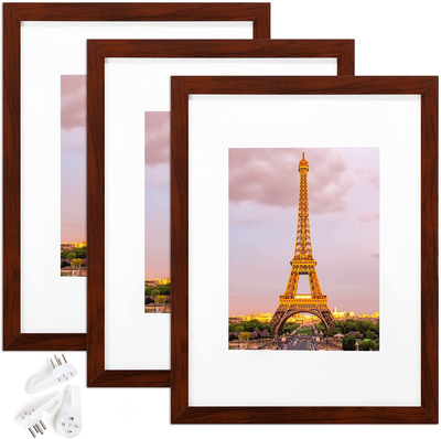 upsimples 9x12 Picture Frame Set of 3,Made of High Definition Glass for 6x8 with Mat or 9x12 Without Mat,Wall Mounting Photo Frame Red Brown