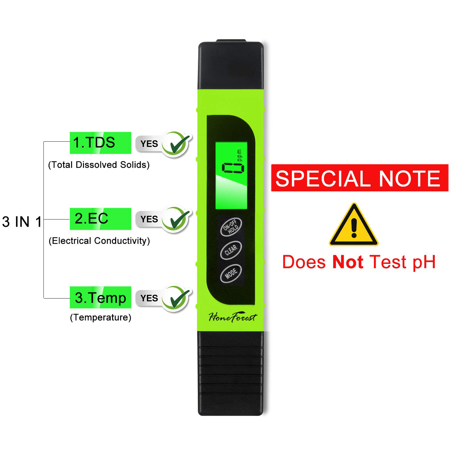 Digital TDS-Meter, Accurate and Reliable, HoneForest TDS, EC & Temp Meter 3 in 1, 0-9990ppm, Ideal Water-Tester-PPM-Meter(Green)