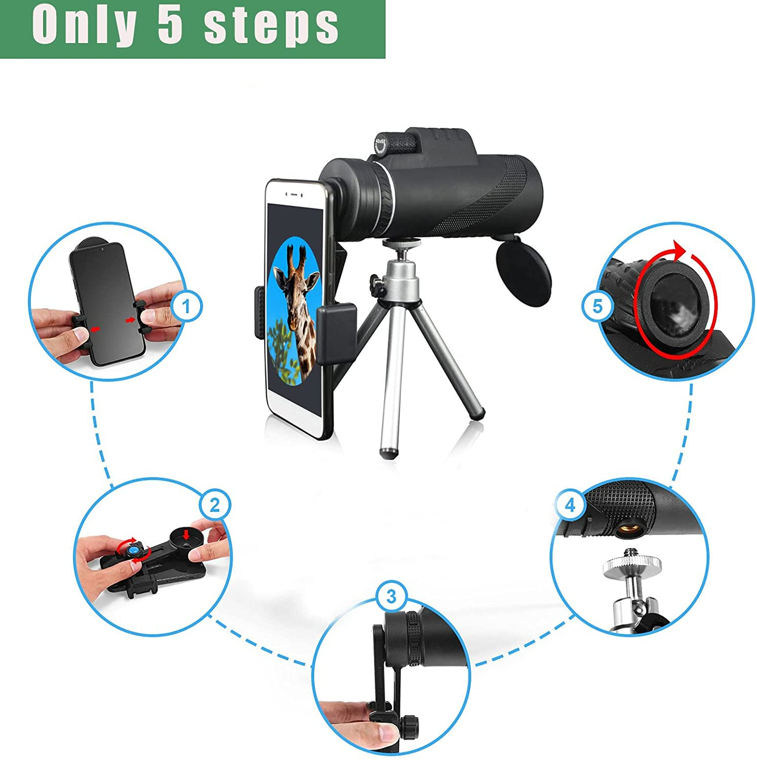 Monocular Telescope, High Powered Night Vision Monocular Telescope for Smartphone, Handheld Telescope with Phone Adapter
