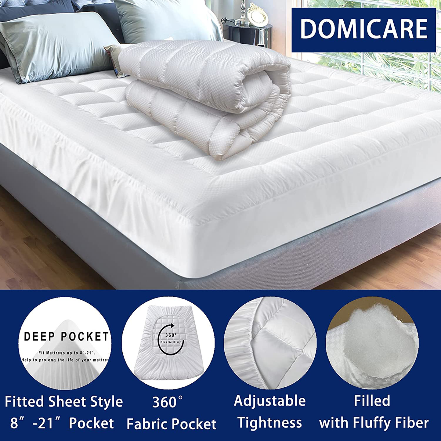DOMICARE Cal King Mattress Pad Cover Quilted Fitted Mattress Protector with Deep Pocket (8-21Inch), Cooling Cotton Mattress Topper Pillow Top-White