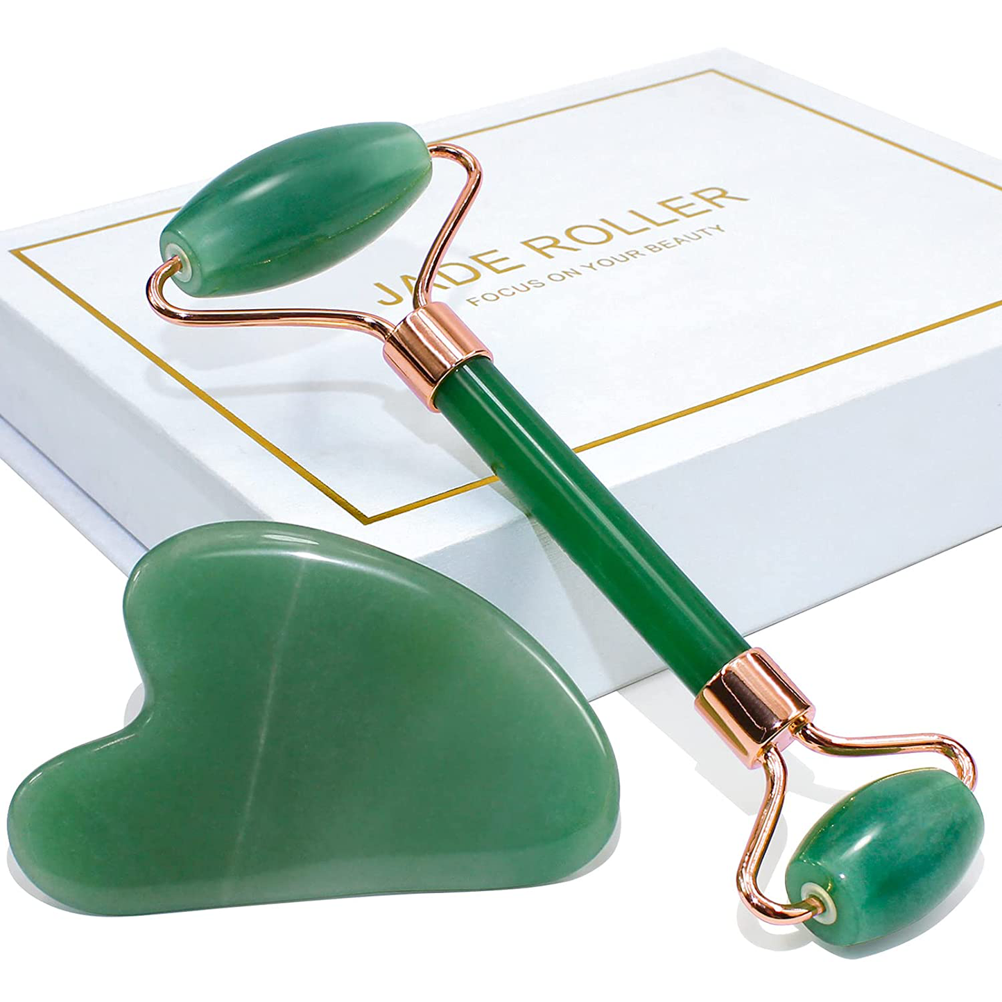 BAIMEI Jade Roller & Gua Sha Set - Face Roller Massage Tool, Green Aventurine Applicator for Face, Neck and Body Muscle - Relaxing, Relieve Fine Lines & Wrinkles