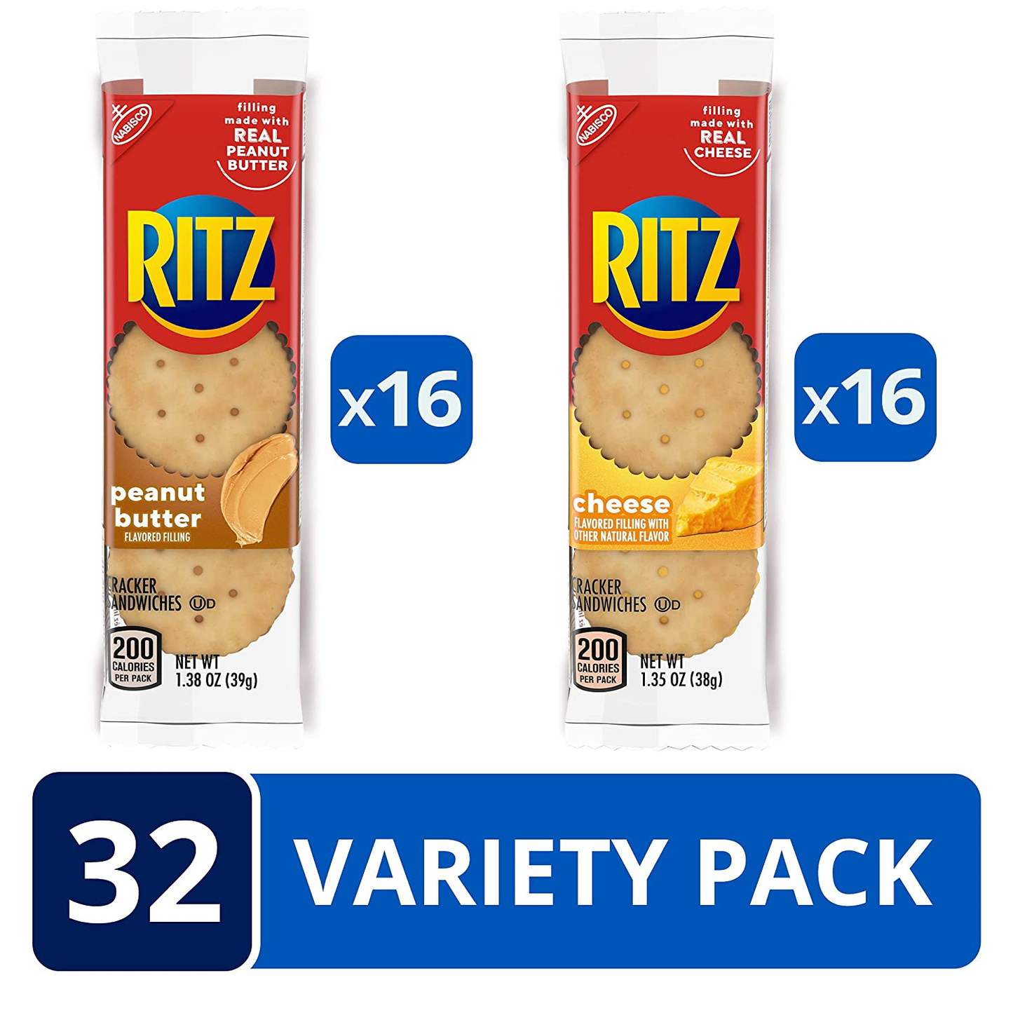 RITZ Peanut Butter Sandwich Cracker Snacks and Cheese Sandwich Crackers, Snack Crackers Variety Pack, 32 Snack Packs