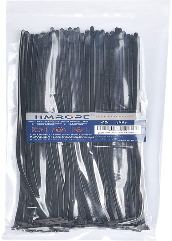 HMROPE 100Pcs Cable Zip Ties Heavy Duty 12 Inch, Premium Plastic Wire Ties with 50 Pounds Tensile Strength, Self-Locking Black Nylon Zip Ties for Indoor and Outdoor
