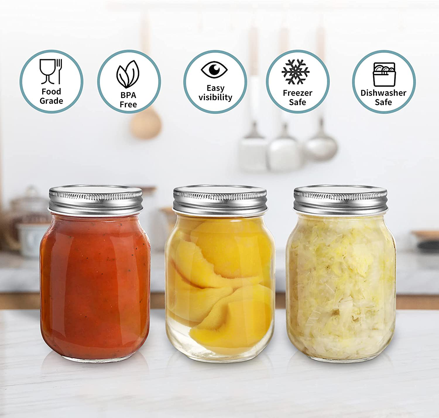 Mason Jars 16 OZ, AIVIKI 12 Pack Regular Mouth Glass Canning Jars with Silver Metal Airtight Lids and Bands for Sealing, Canning, Dry Food, Preserving, Jam, Honey, Jelly, Meal Prep, Overnight Oats, Food Storage, Salads, 12 Whiteboard Labels Included