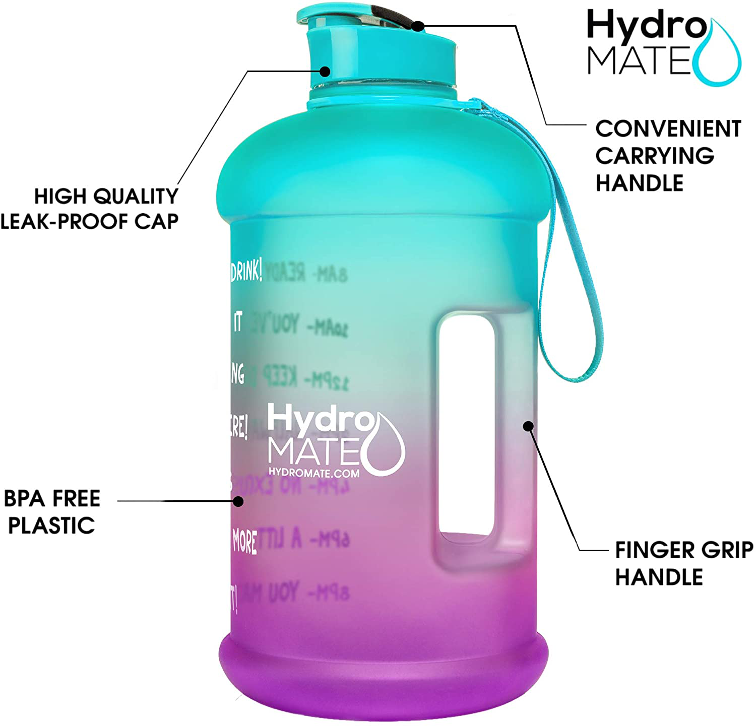 HydroMATE Half Gallon 64 oz Motivational Water Bottle with Time Marker Large BPA Free Jug with Handle Reusable Leak Proof Bottle Time Marked to Drink More Hydro MATE