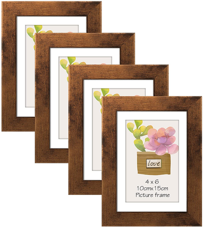 4x6 Picture Frame Set of 4, Display Photo 4x6 with Mat or 5x7 without Mat, Wooden Rustic Picture Frames for Tabletop or Wall Mounting, Brown
