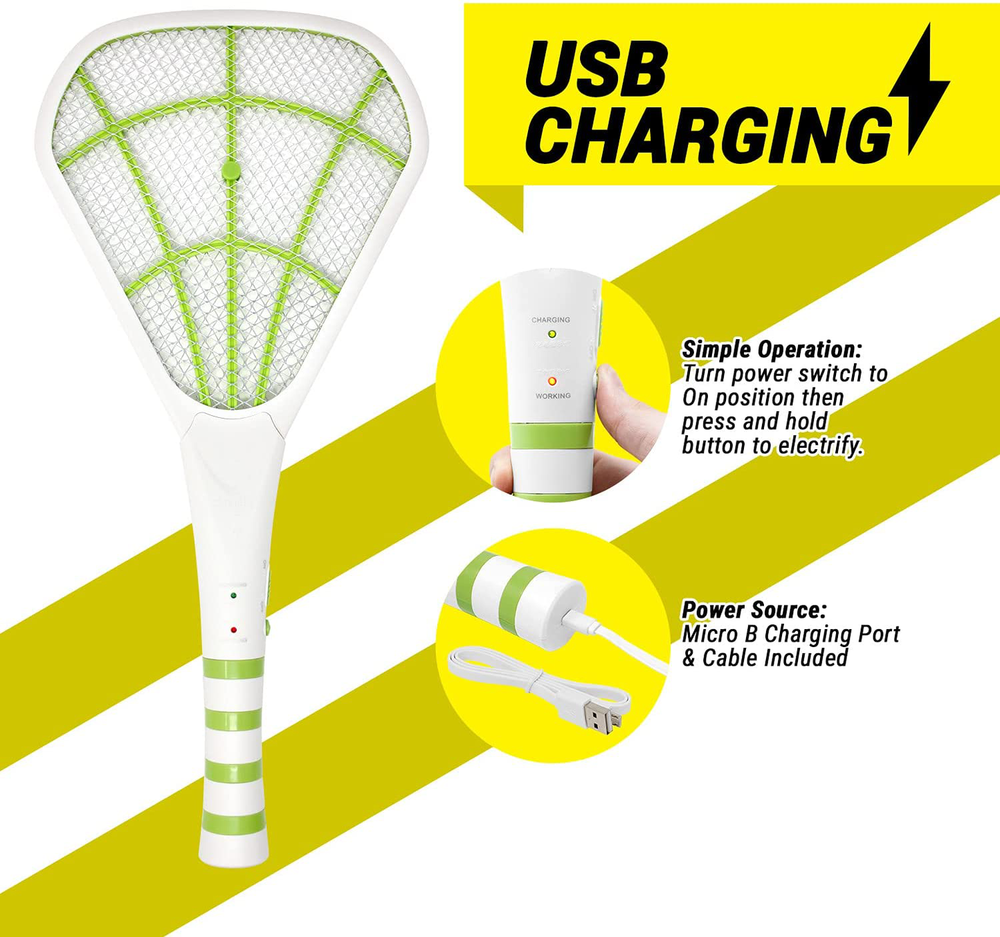 BugKwikZap 2PK of USB Rechargeable Electric Bug Zapper 3600V, Mosquito Killer Racket, Rechargeable Battery Powered Fly Swatter (White-Green)