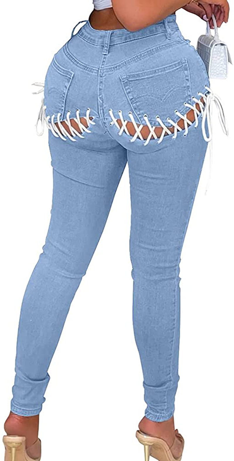 XXTAXN Women's Elastic High Waisted Skinny Ripped Lace Up Adjustable Jeans with Pockets