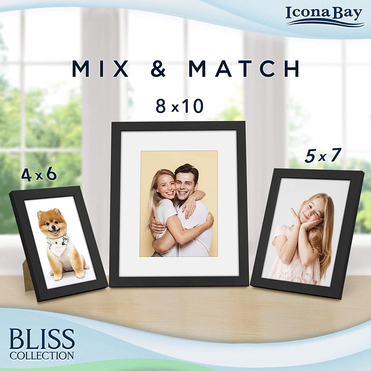 Icona Bay 5x7 Picture Frames (Black, 12 Pack), Modern Style Wood Composite Frames Table Top or Wall Mount, Bliss Collection