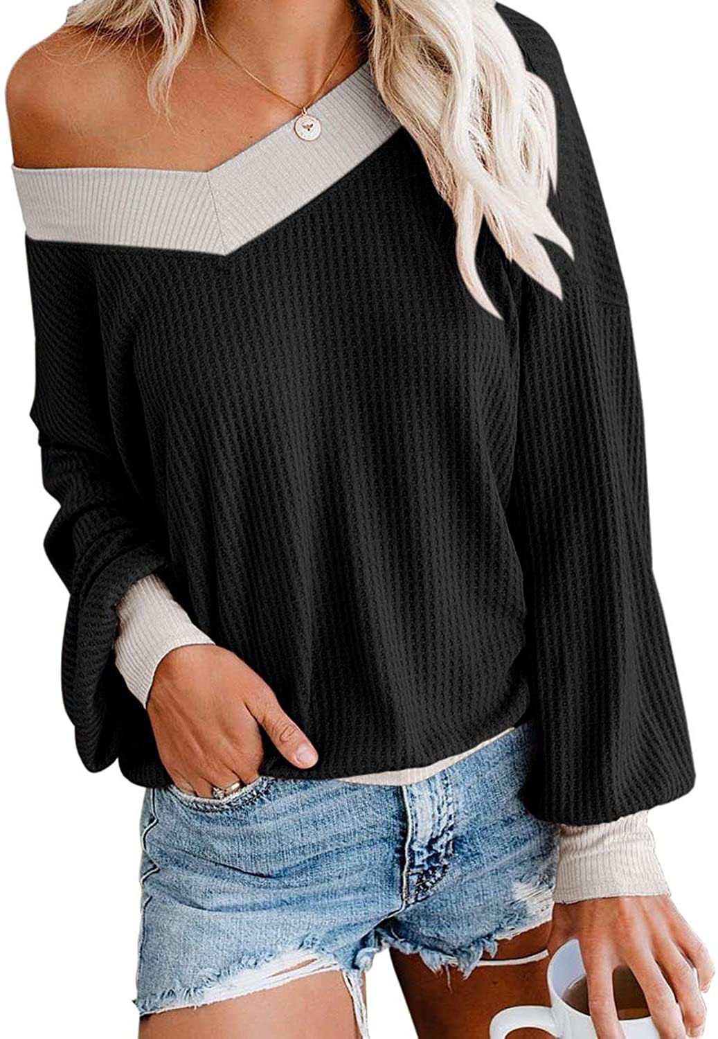 Adreamly Women's V Neck Long Sleeve Waffle Knit Top Off Shoulder Oversized Pullover Sweater