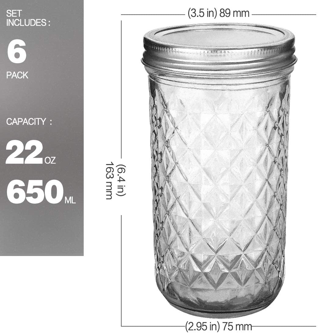 Wide Mouth Mason Jars 22 oz, VERONES 22 OZ Mason Jars Canning Jars Jelly Jars With Wide Mouth Lids, Ideal for Jam, Honey, Wedding Favors, Shower Favors, Baby Foods, 6 PACK,EXTRA 6 Lids with Straw Hole