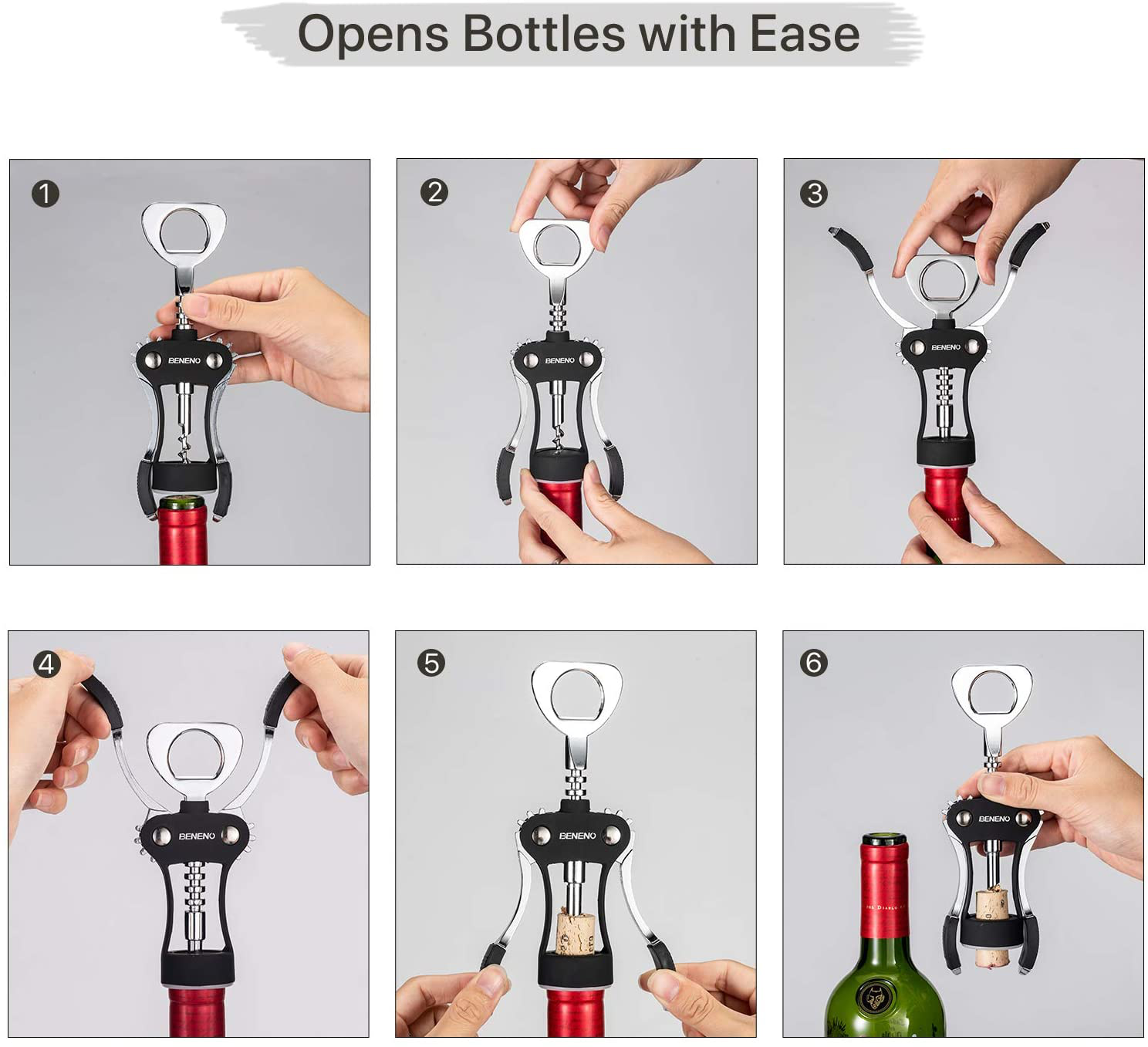 Wine Opener, Zinc Alloy Premium Wing Corkscrew Wine Bottle Opener with Multifunctional Bottles Opener, Upgrade - Black