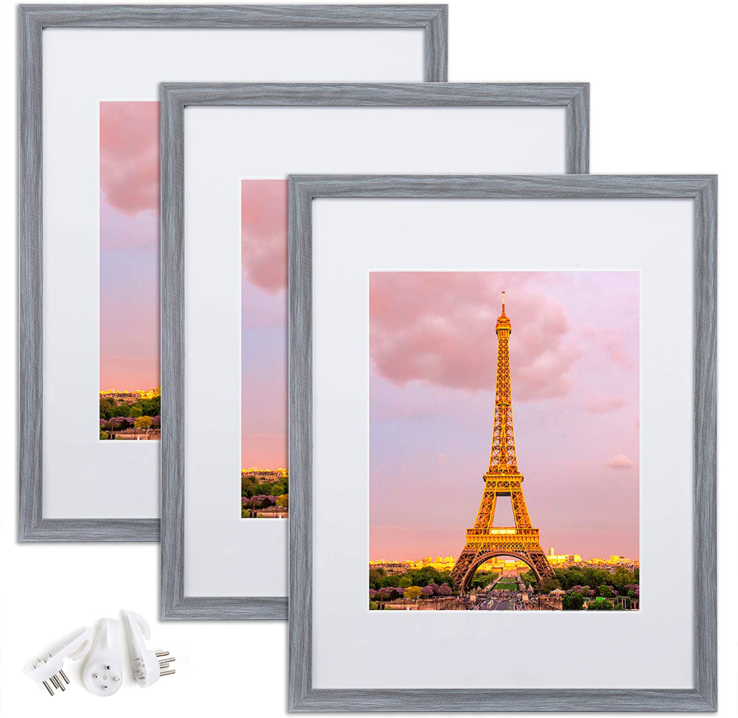 upsimples 11x14 Picture Frame Set of 3,Made of High Definition Glass for 8x10 with Mat or 11x14 Without Mat,Wall Mounting Photo Frame Ash Gray