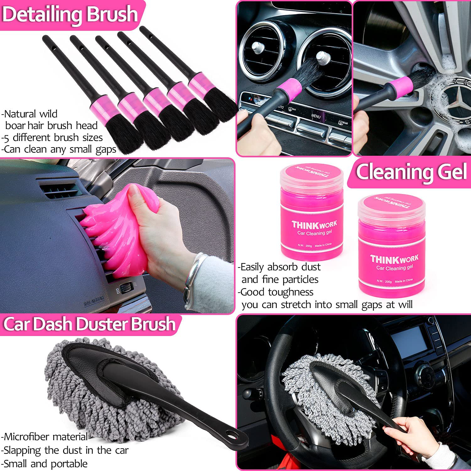 THINKWORK Car Wash Kit with Bucket, Pink Car Cleaning Supplies and Detailing kit - Cleaning Gel, Microfiber Towel, Mitt, Duster, Brush, Grit Trap, Squeegee, Waxing Tablets, Gifts for Women(23pcs)