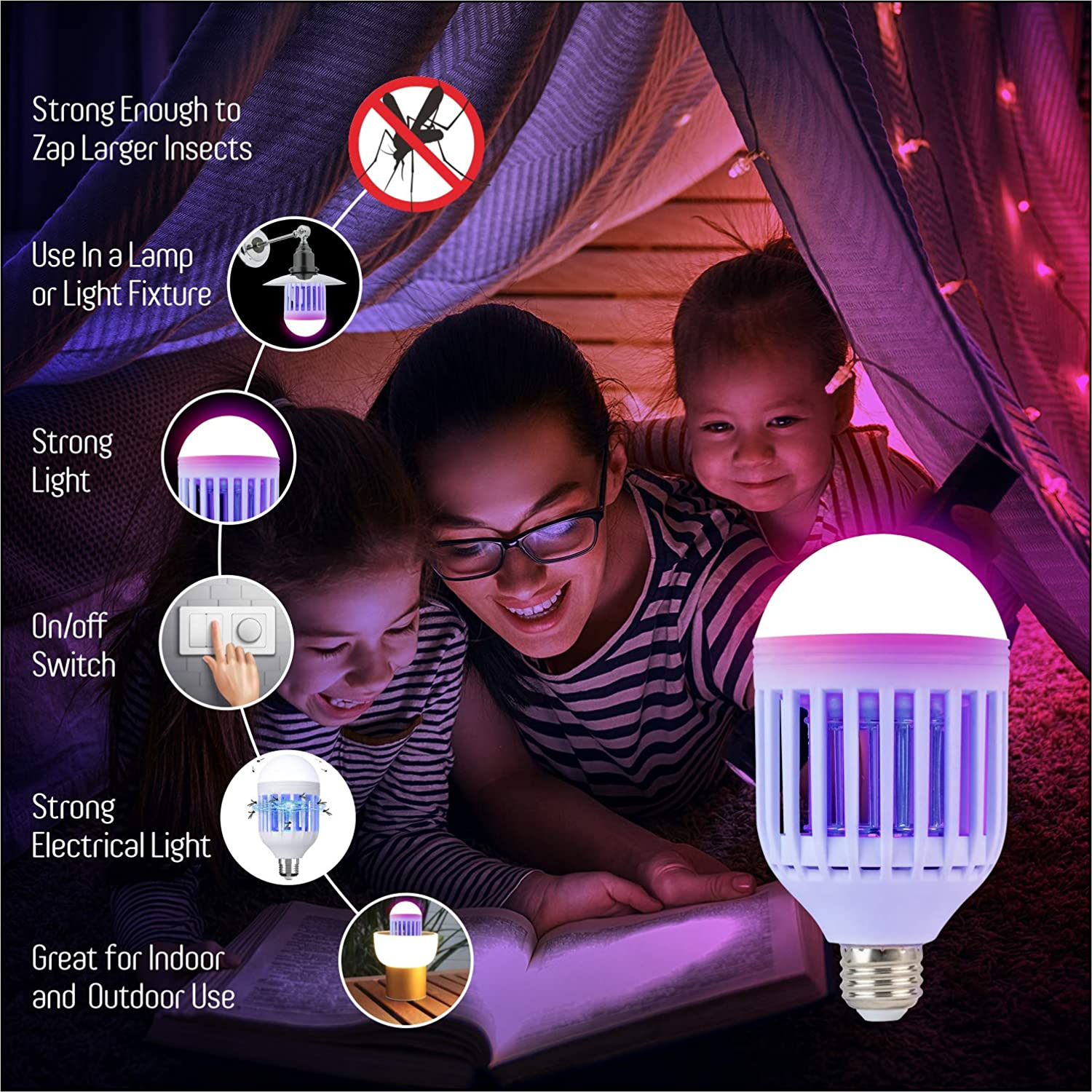 Bug Zapper Light Bulb 2 in 1 Mosquito Killer Lamp LED Electronic Insect & Fly Killer Indoor & Outdoor Insect Zapper insect traps, Fly Zapper Safe & Non-Toxic Silent & Effortless Operation pest control