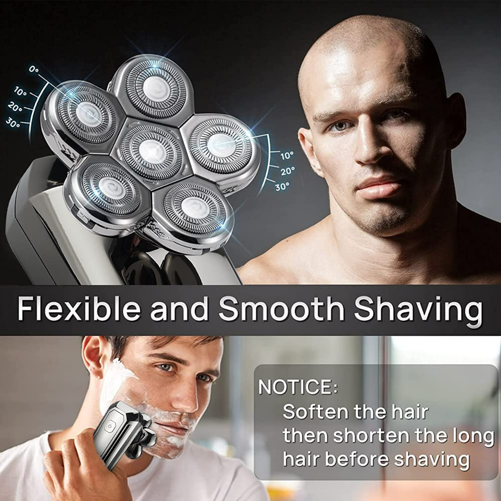 Electric Shaver for Bald Men, Beard Razor Head Shaver Whole Body IPX7 Waterproof Type-C USB Rechargeable Cordless Wet and Dry Rotary Shaver with LCD Display 6D Floating Grooming Kit