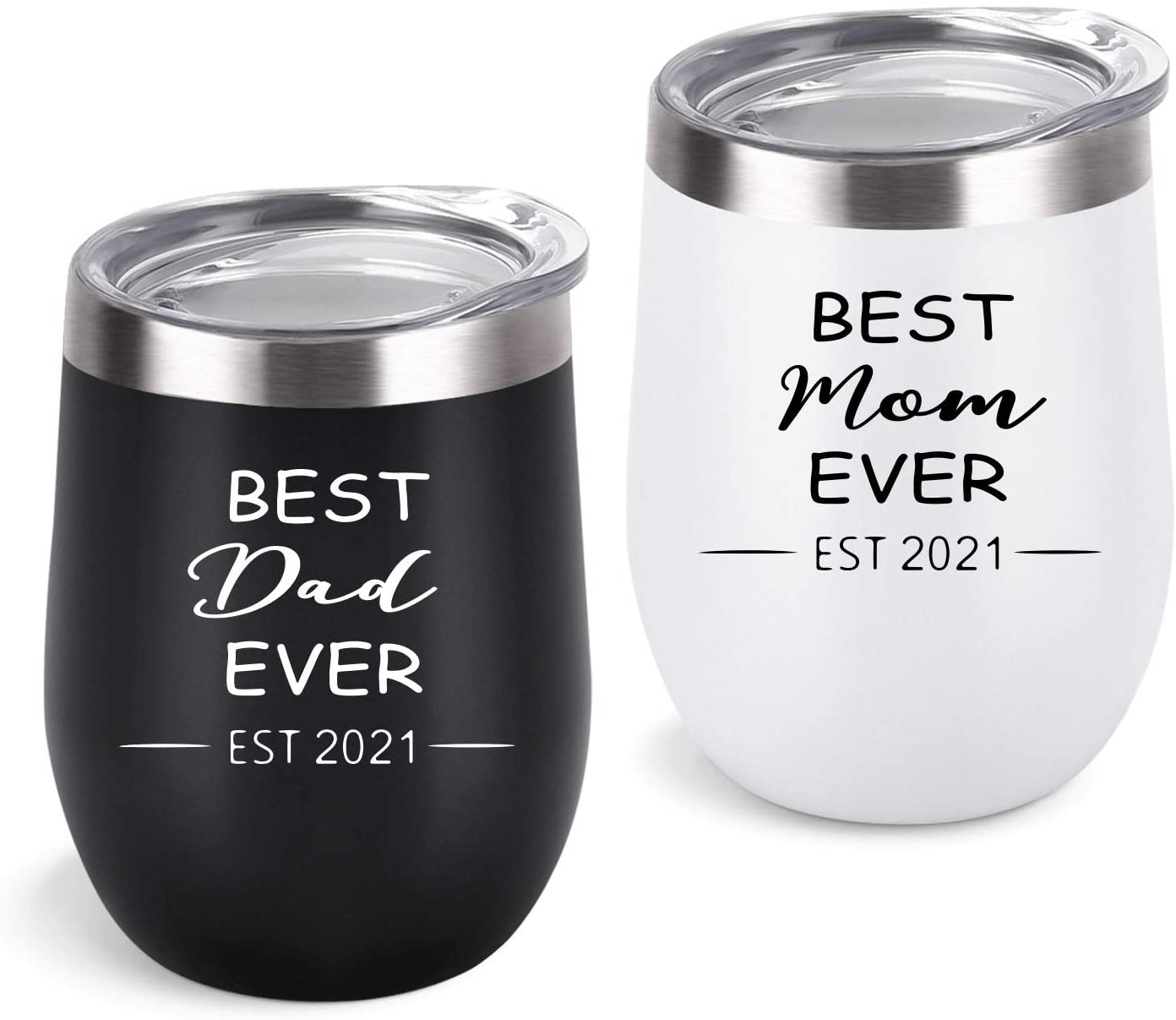 New Parents Gifts, Best Dad and Mom Ever Est 2021 Tumbler Set, New Mom and Dad Parents Baby Shower New Pregnancy Gift, Insulated Stainless Steel Wine Tumbler with Lid Straw(12Oz, Black and White)