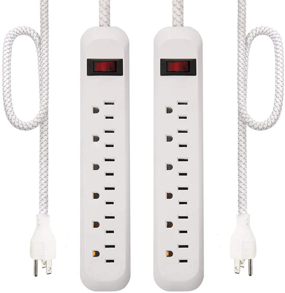 Power Strip Surge Protector 6 Outlets 2Ft Long Extension Cord with Braided Fabric, 300 Joules, Wall-Mounted Strip, Overload Protection, for Home, Office (2 Pack)