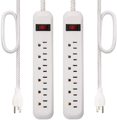 Power Strip Surge Protector 6 Outlets 2Ft Long Extension Cord with Braided Fabric, 300 Joules, Wall-Mounted Strip, Overload Protection, for Home, Office (2 Pack)