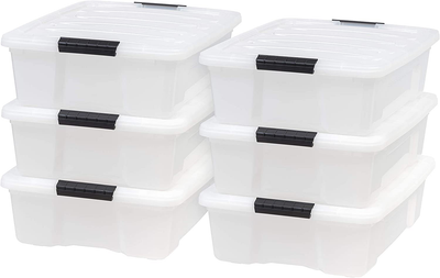 IRIS USA TB Pearl Plastic Storage Bin Tote Organizing Container with Durable Lid and Secure Latching Buckles, 27 Qt, 6 Count