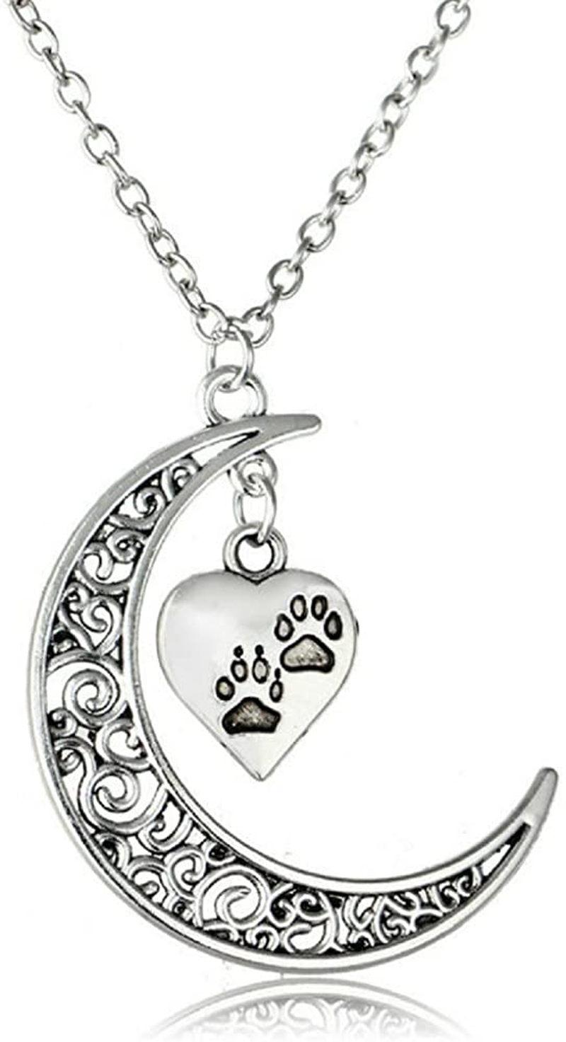 Crescent Moon and Paws Pendant Necklace, 19.5'' Chain, Great Gift for Animal Lovers
