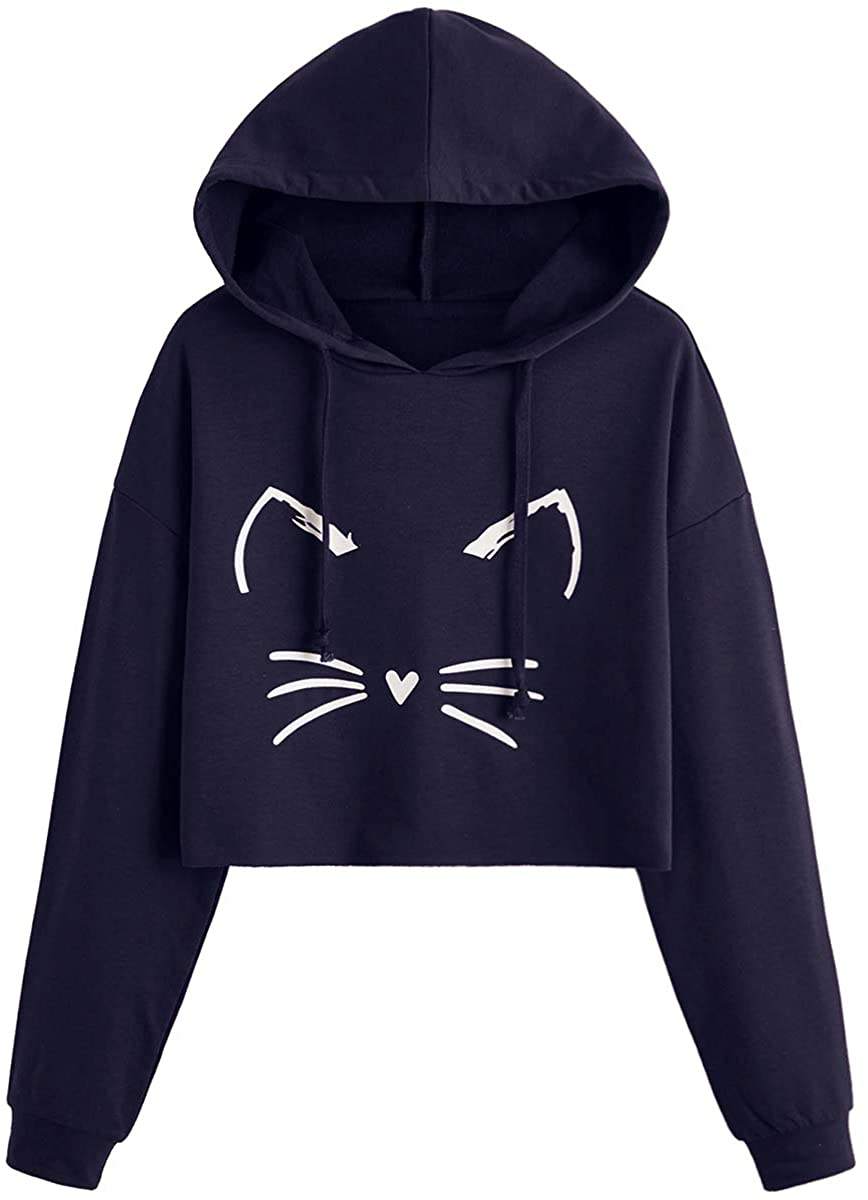 ROMWE Women's Casual Cat Print Long Sleeve Crop Top Sweatshirt Hoodies