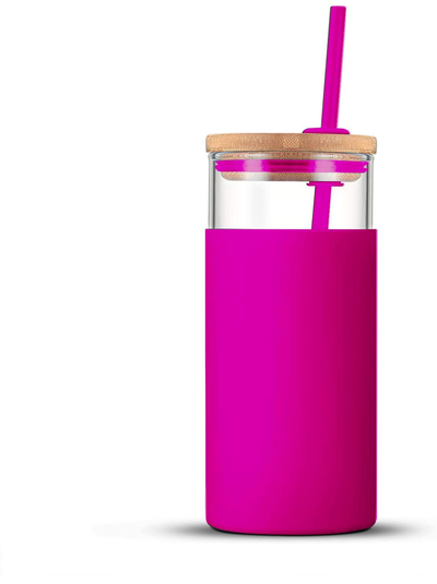 tronco 20oz Glass Tumbler Glass Water Bottle Straw Silicone Protective Sleeve Bamboo Lid - BPA Free (Watermelon)