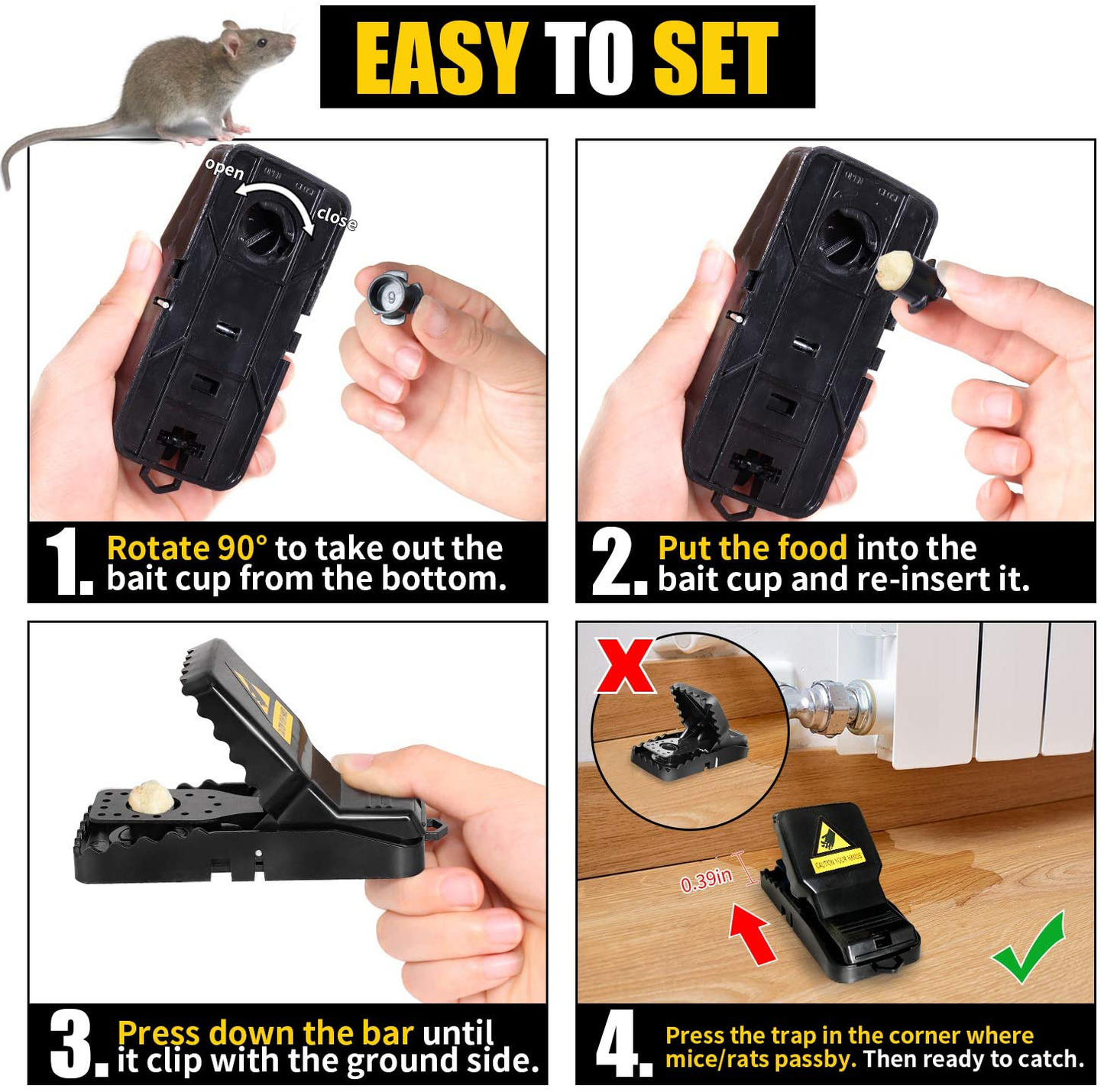 Mouse Trap, Small Rat Traps That Work, Best Humane Mouse Snap Traps No See Kill Mice Traps Mouse Killer with Detachable Bait Cup Safe and Effective Mouse Catcher for Home House Indoor Outdoor-12Pcs