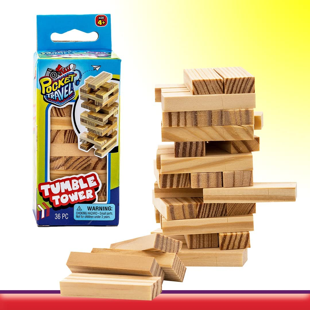 Real Wood Mini Tumble Tower Classic Game, Travel Size 4 Inch by JARU. Tumbling Tower of Classic Toys Games Party Favors Toy Mini Board Games for Kids and Adults 3276-1A