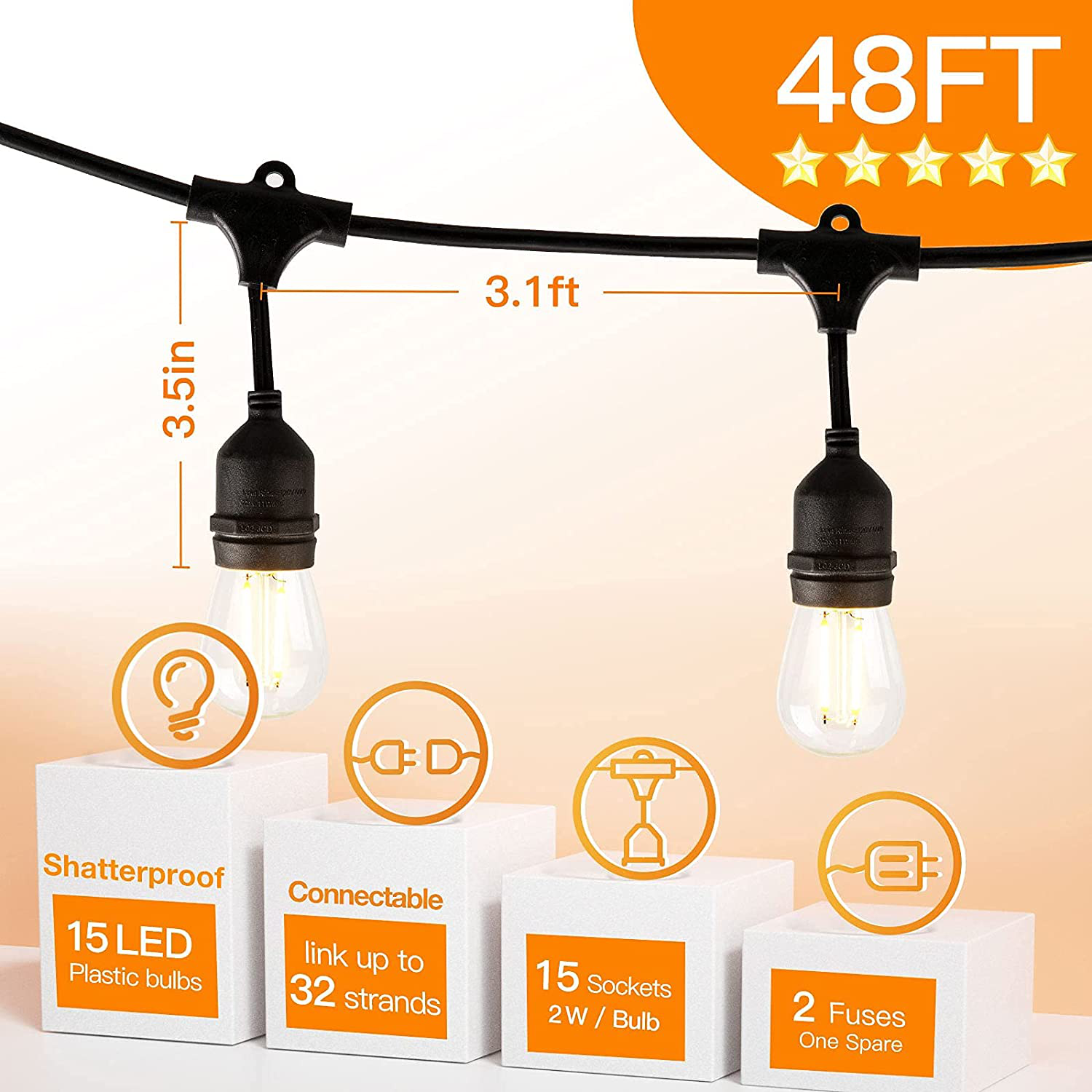 addlon 2 Pack 48ft LED Outdoor String Lights with Edison Shatterproof Bulbs Commercial Grade Dimmable Patio Cafe Light, UL Listed Weatherproof Strand 15 Hanging Sockets for Market Bistro Backyard