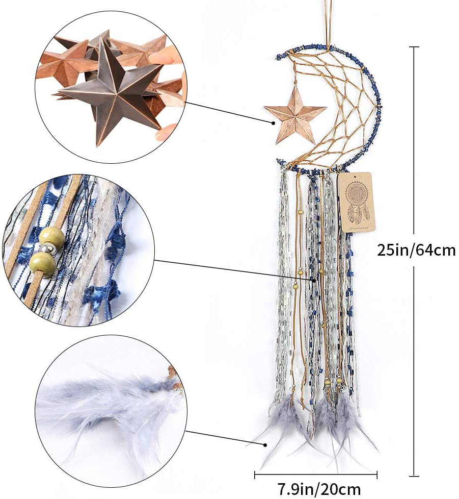 Dremisland Blue Dream Catcher Handmade Half Circle Moon Design Dream Catcher Feather Hanging with Star Home Decoration Ornament Festival Gift (Moon& Star)