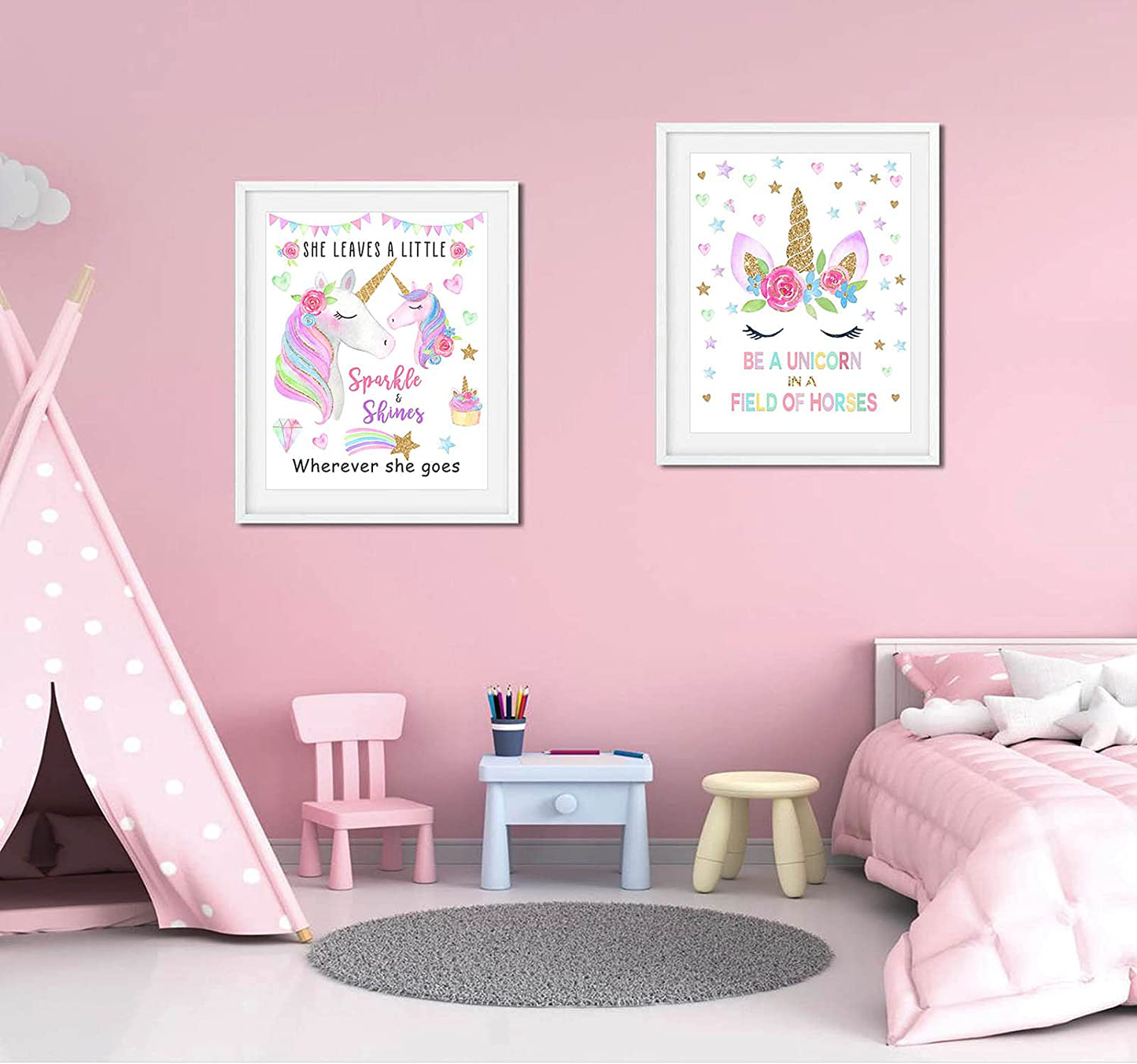 8pcs Girls Rainbow Unicorn Bedroom Decor, Unicorn Inspirational Wall Art Kids Room Posters, 8x10" Unframed Unicorn Wall Art Nursery Decor Girl's Gift