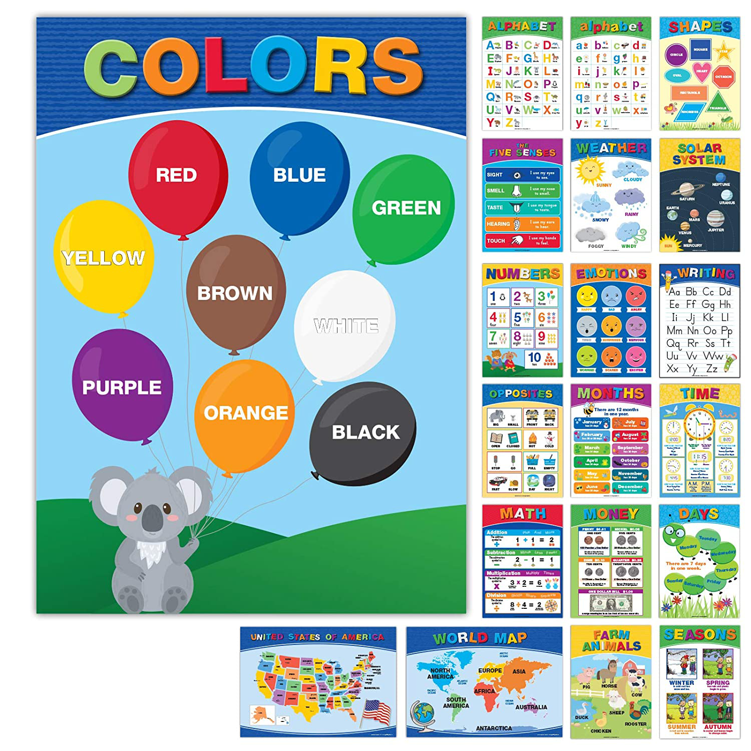 20 Large Educational Posters For Kids Toddlers (16.5x12 Double Sided English and Spanish) Includes: Alphabet Colors Letters Numbers Shapes Months Days Weather Time Animals Solar System Seasons Map